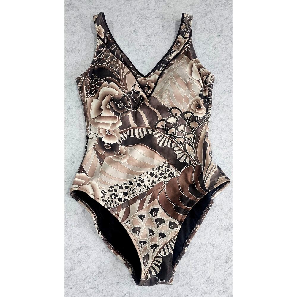 Gottex Floral One Piece Swimsuit V-Neck Brown Beige US 10 Made Israel